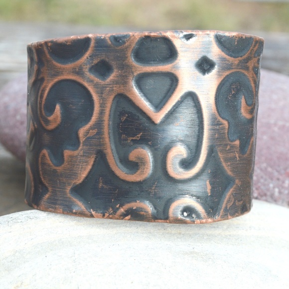 Solid Copper Filigree Wide Cuff Bracelet Damask Patina Embossed Handmade Custom - Picture 3 of 8